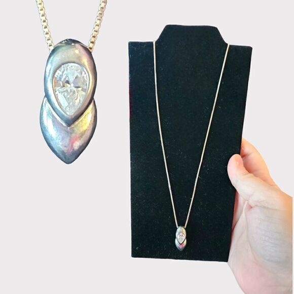 Vintage Sterling Silver 925 Double Teardrop Italy Sparkling Pendant Necklace - Picture 2 of 9